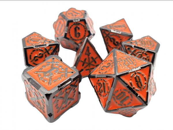 Old School RPG Metal Dice Set: Knights of the Round Table - Orange Sapphire w/ Black (7)