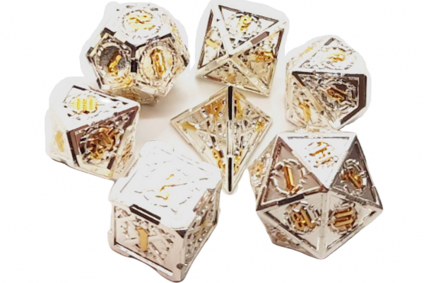Old School RPG Metal Dice Set: Knights of the Round Table - Silver w/ Gold (7)