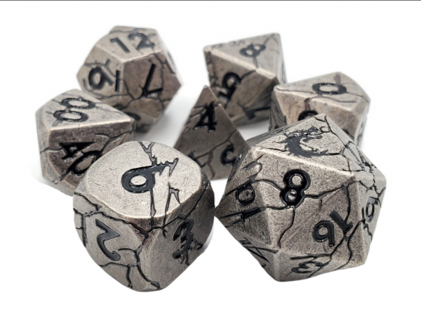 Old School RPG Metal Dice Set: Orc Forged - Ancient Silver w/ Black (7)