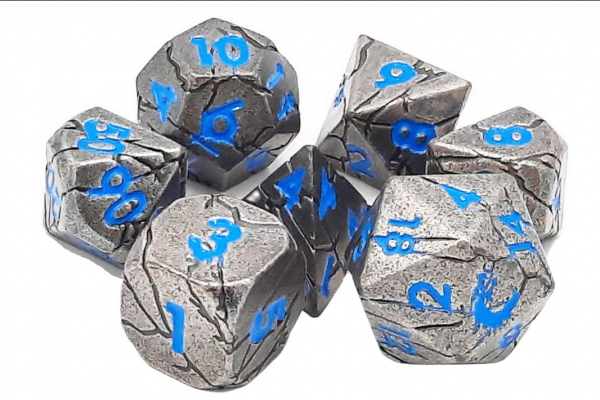 Old School RPG Metal Dice Set: Orc Forged - Ancient Silver w/ Blue (7)