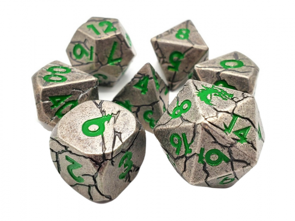 Old School RPG Metal Dice Set: Orc Forged - Ancient Silver w/ Green(7)