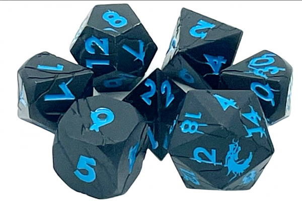 Old School RPG Metal Dice Set: Orc Forged - Matte Black w/ Blue (7)