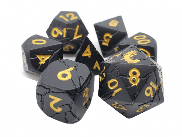 Old School RPG Metal Dice Set: Orc Forged - Matte Black w/ Gold (7)