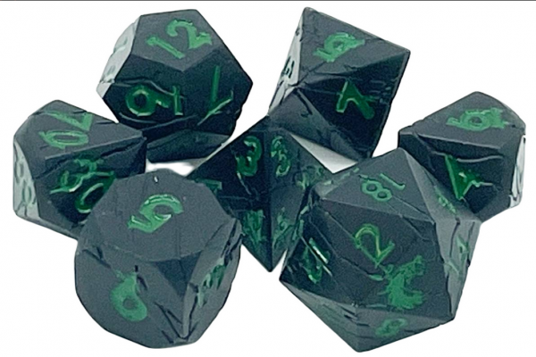 Old School RPG Metal Dice Set: Orc Forged - Matte Black w/ Green (7)