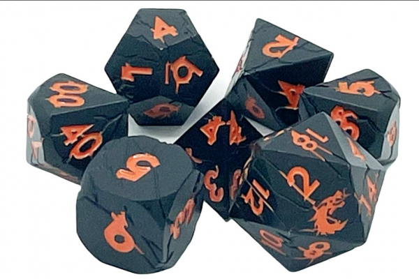 Old School RPG Metal Dice Set: Orc Forged - Matte Black w/ Orange (7)