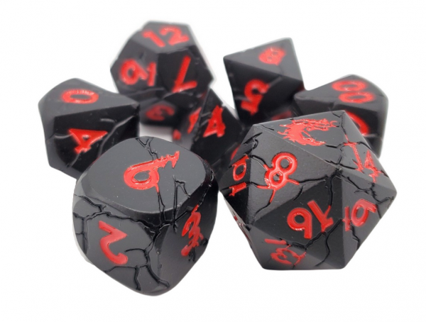 Old School RPG Metal Dice Set: Orc Forged - Matte Black w/ Red (7)