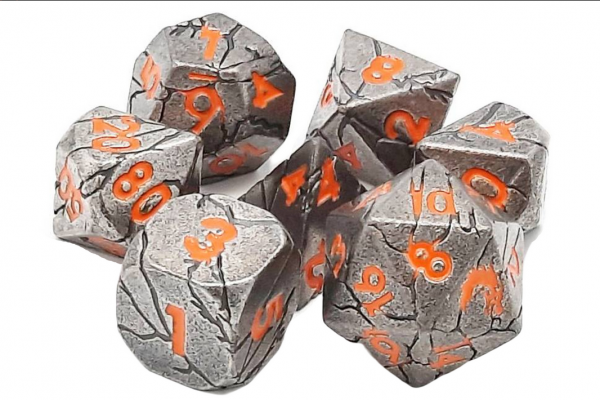 Old School RPG Metal Dice Set: Orc Forged - Ancient Silver w/ Orange (7)