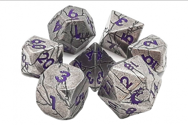 Old School RPG Metal Dice Set: Orc Forged - Ancient Silver w/ Purple (7)
