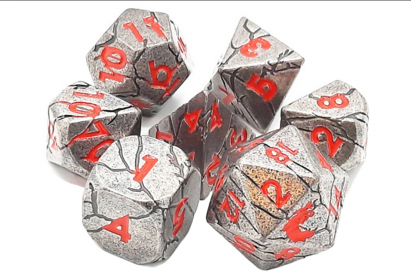 Old School RPG Metal Dice Set: Orc Forged - Ancient Silver w/ Red (7)