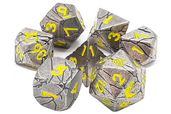 Old School RPG Metal Dice Set: Orc Forged - Ancient Silver w/ Yellow (7)