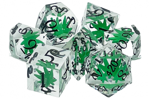 Old School RPG Dice Set: Sharp Edged Dice - It's 4:20 Time - Green w/ Black (7)