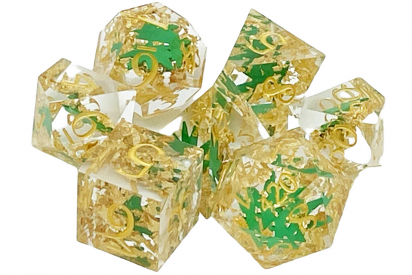 Old School RPG Dice Set: Sharp Edged Dice - It's 4:20 Time - Green w/ Gold (7)