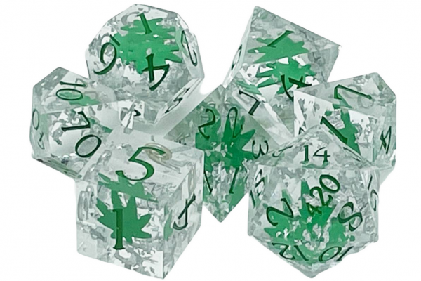 Old School RPG Dice Set: Sharp Edged Dice - It's 4:20 Time - Green w/ Silver (7)