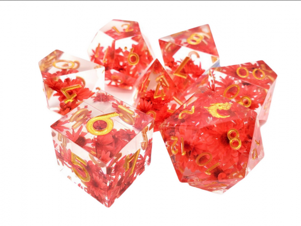 Old School RPG Dice Set: Sharp Edged Dice - Red Flower (7)