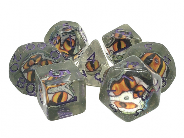 Old School RPG Dice Set: Infused - Dragon Eye Green w/ Purple (7)