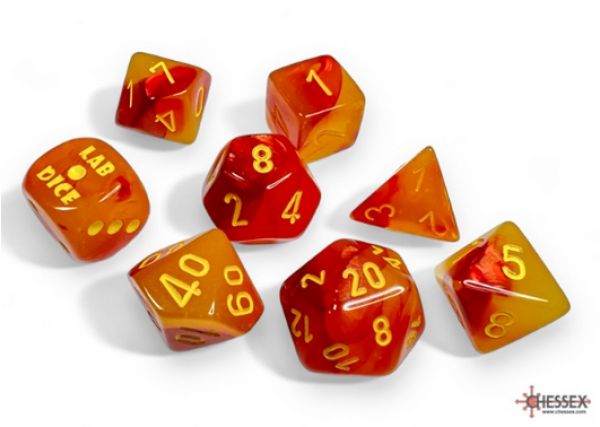 Chessex Lab Dice 8: Gemini Polyhedral Gellow - Red/Yellow Luminary 7-Die Set (with bonus die)