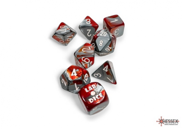 Chessex Lab Dice 8: Gemini Polyhedral Red-Steel/White 7-Die Set (with bonus die)