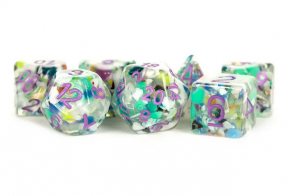 Polyhedral Dice Set: (16mm Resin) Recycled Dice w/ Purple Numbers (7 die set)