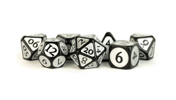 Metallic Dice: 16mm Enamel Acrylic Poly Dice Set - Black w/ Silver Enamel (7)