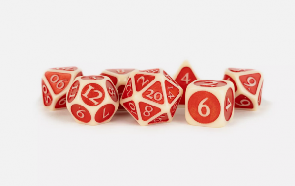 Metallic Dice: 16mm Enamel Acrylic Poly Dice Set - Ivory w/ Red Enamel (7)