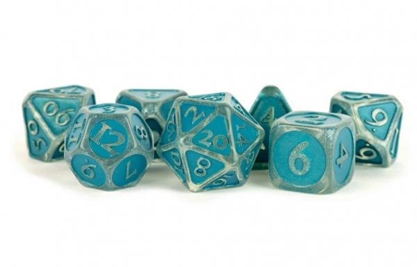 Metallic Dice: 16mm Enamel Acrylic Poly Dice Set - Ice w/ Blue Enamel (7)