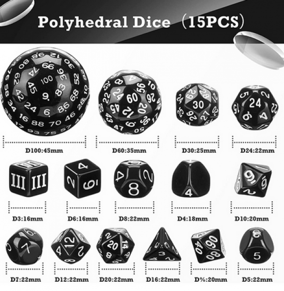 Dice Habit Complete Dice Set (D3-D100) - Black (15pcs)