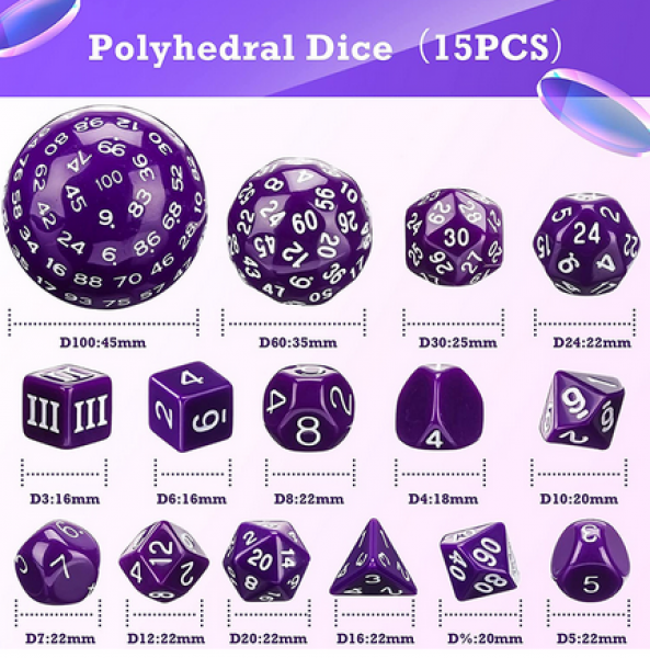 Dice Habit Complete Dice Set (D3-D100) - Purple (15pcs)