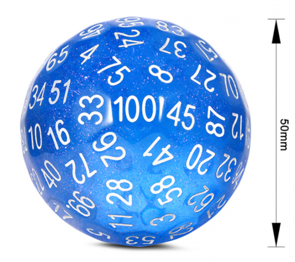 Dice Habit: 50mm D100 Dice - Blue Glitter (1)