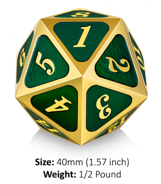 Dice Habit: 40mm Metal D20 Spindown Counter - Green & Gold (1)