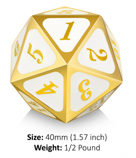 Dice Habit: 40mm Metal D20 Spindown Counter - White & Gold (1)