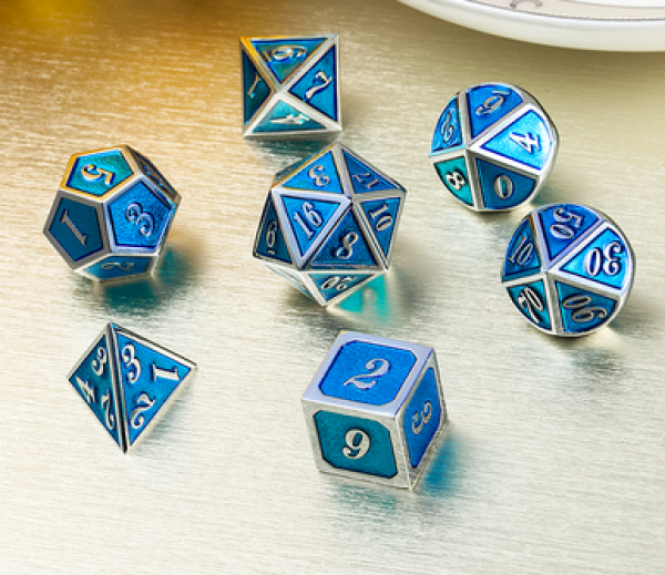 Dice Habit: Metal & Enamel Dice Set  - Cyan & Silver (7pcs)