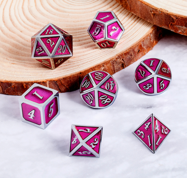 Dice Habit: Metal & Enamel Dice Set  - Magenta & Silver (7pcs)