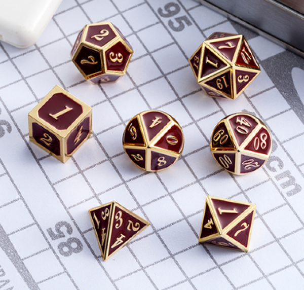 Dice Habit: Metal & Enamel Dice Set  - Maroon & Gold (7pcs)