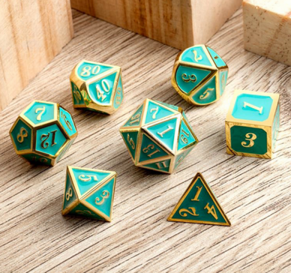 Dice Habit: Metal & Enamel Dice Set  - Teal & Gold (7pcs)