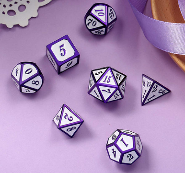 Dice Habit: Metal & Enamel Dice Set - White & Purple (7pcs)