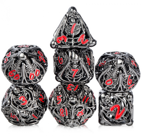 Dice Habit: Hollow Dice Set - (Skeleton) Gunmetal & Red (7pcs)