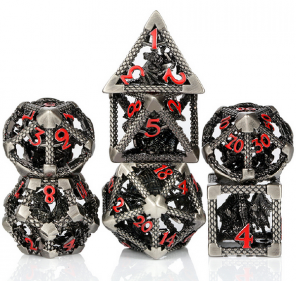 Dice Habit: Hollow Dice Set - (Dragon Cage) Gunmetal & Red (7pcs)