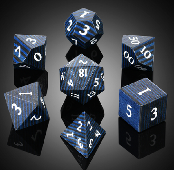 Dice Habit: Wooden Dice Set - Black & Blue Striped Wood (7pcs)