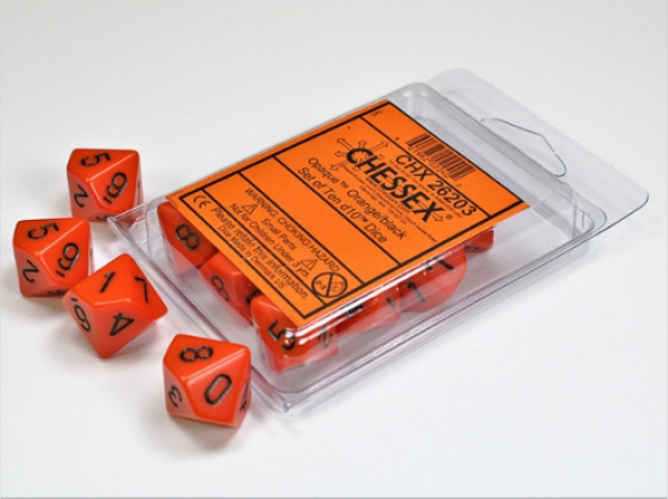 Chessex Dice Sets: Orange/Black Opaque d10 Set (10)