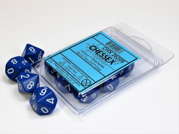 Chessex Dice Sets: Blue/White Opaque d10 Set (10)