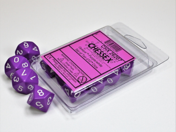 Chessex Dice Sets: Purple/White Opaque d10 Set (10)