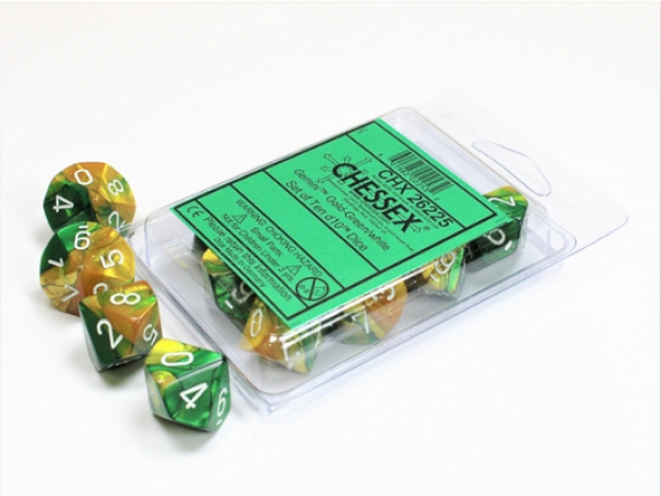 Chessex Dice Sets: Gemini Gold-Green/White d10 Set (10)