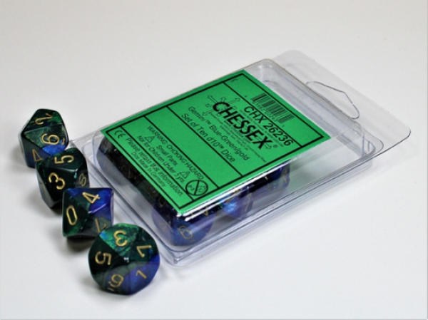 Chessex Dice Sets: Gemini Blue-Green/Gold d10 Set (10)