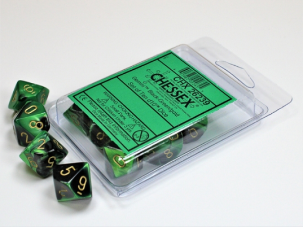 Chessex Dice Sets: Gemini Black-Green/Gold d10 Set (10)