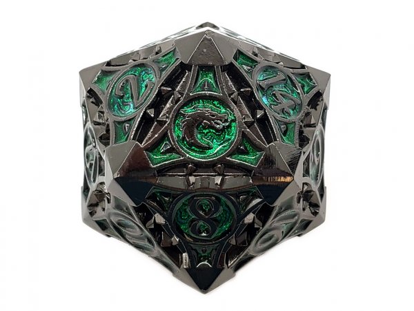 Old School RPG Metal Dice: Gnome Forged 40mm D20 - Black Nickel w/ Green