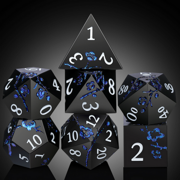 Dice Habit: Metal & Enamel Dice Set - (Sakura) Black & Blue (7pcs)