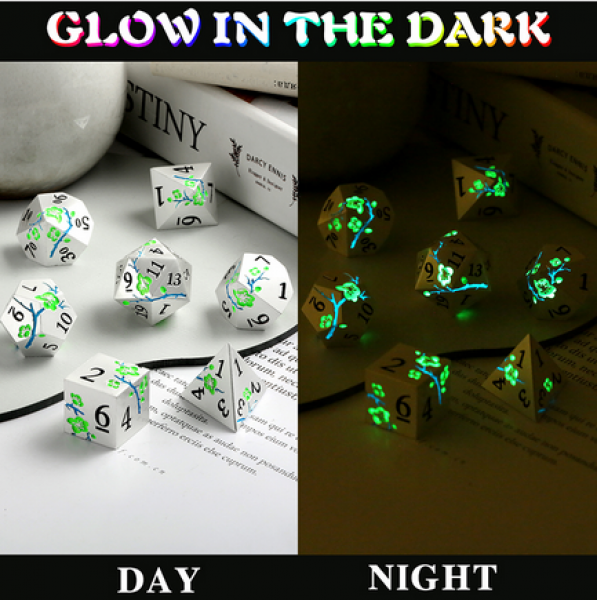 Dice Habit: Metal & Enamel Dice Set - (Sakura) Silver & Green (Glow) (7pcs)