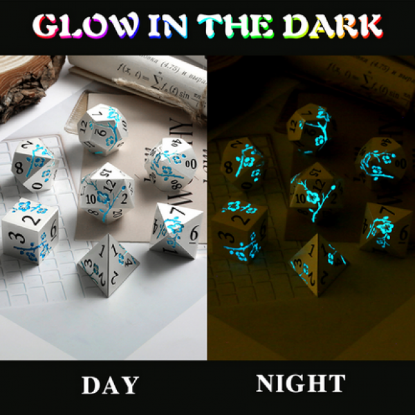 Dice Habit: Metal & Enamel Dice Set - (Sakura) Silver & Sky (Glow) (7pcs)