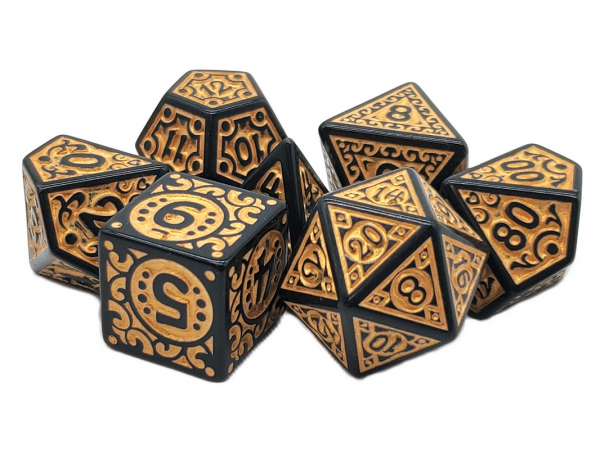 Old School 7 Piece DnD RPG Dice Set: Rune Dice - Magical Runes - Gold