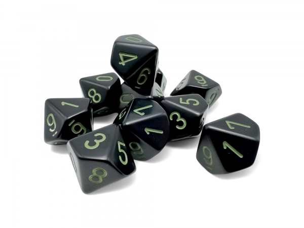 Opaque Black/green Set of Ten d10s